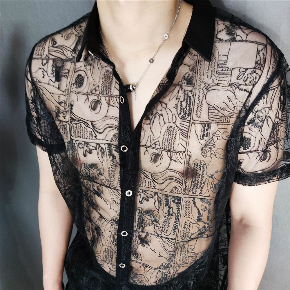 Black Abstract Embroidery See-Through Shirt