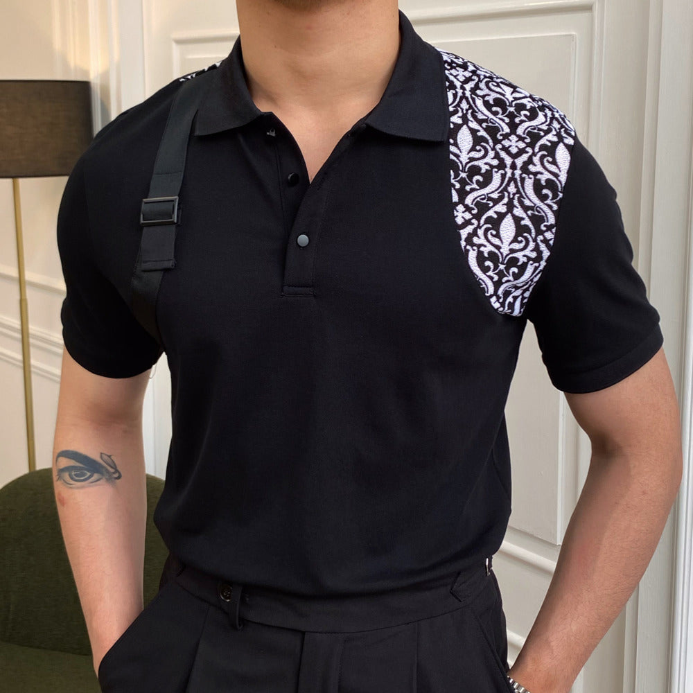 Straps & Geometric Printed Decoration Solid Polo Shirt