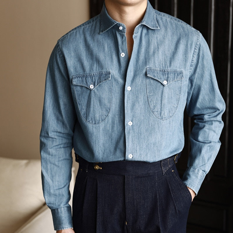 Solid Denim Double Pockets Shirt