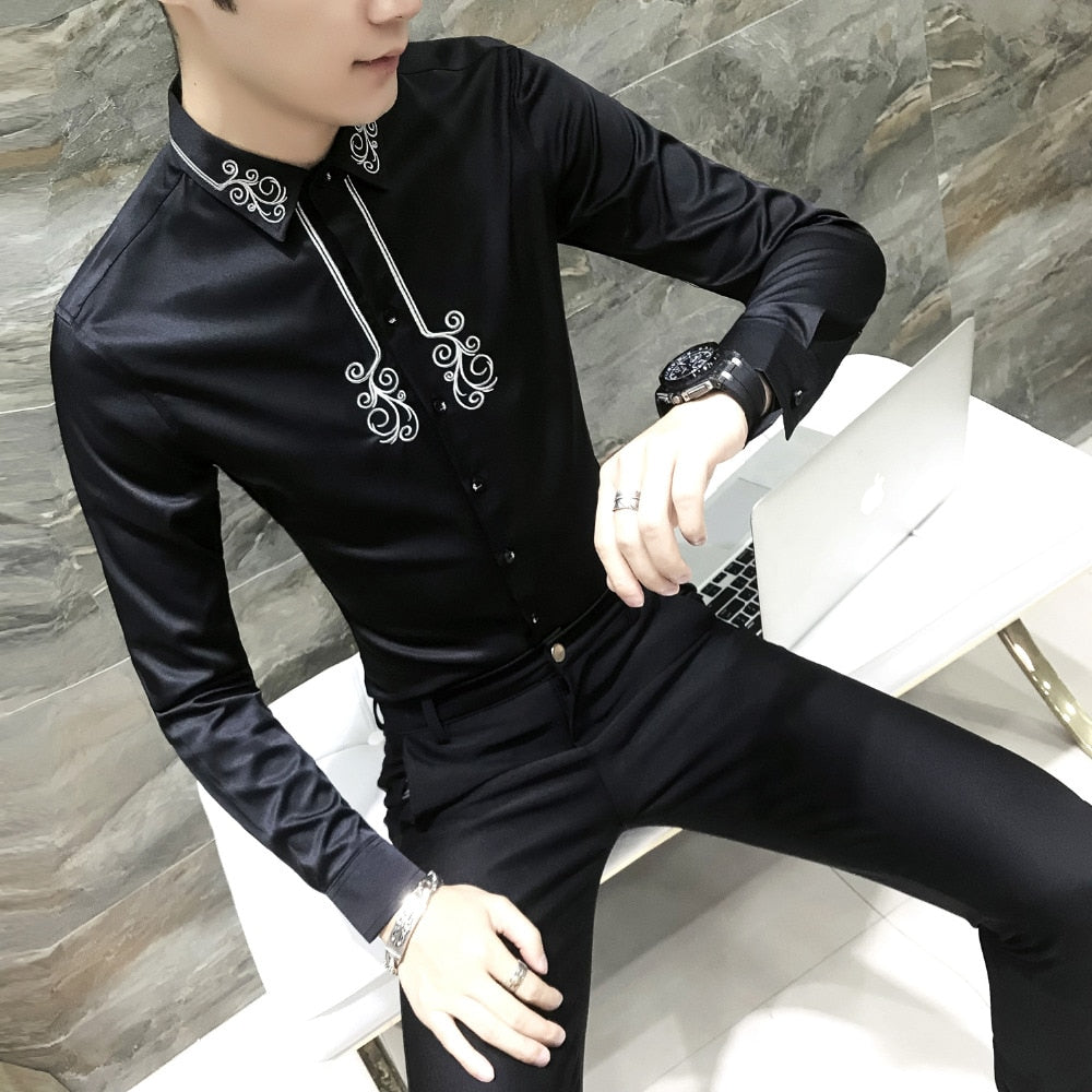 Men Slim Fit Shirt  Embroidery Long Sleeve