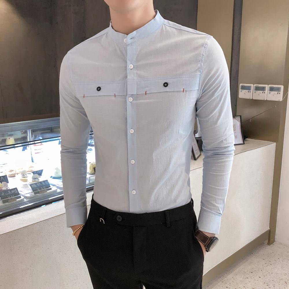 Casual Mandarin Collar Long Sleeve Solid Design Men Shirts