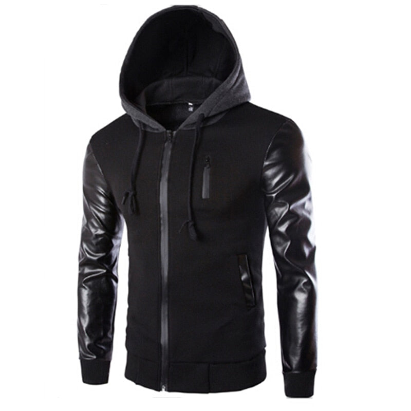 Solid Faux LeatherSleeve Style Hooded Jacket