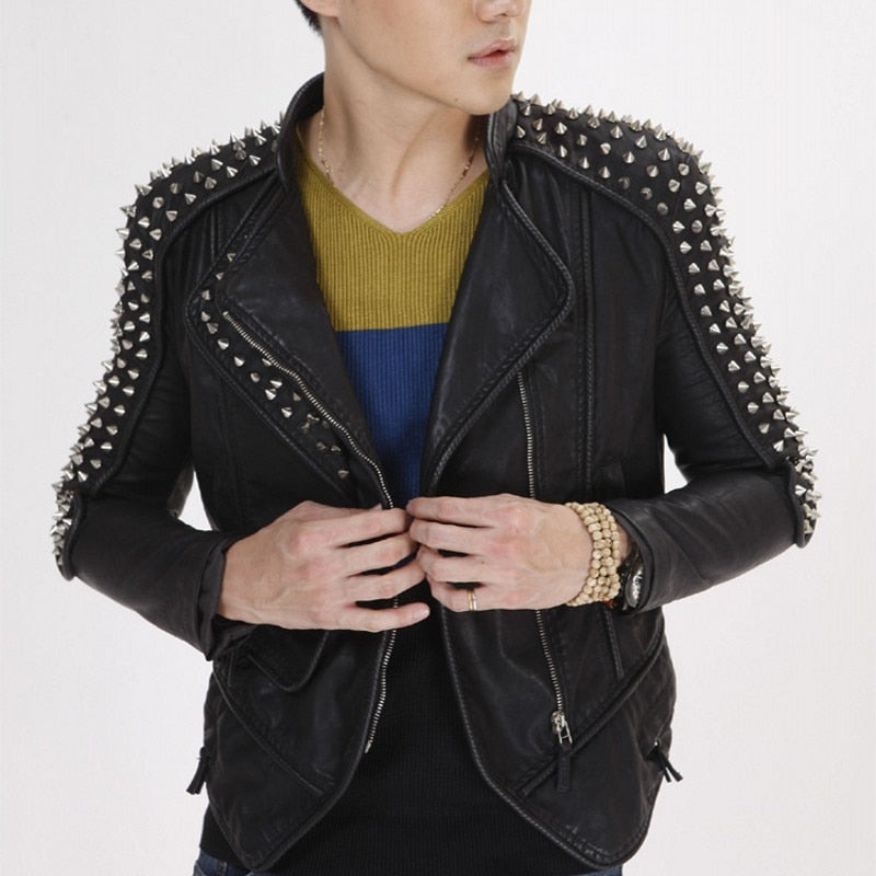 Solid Shoulder Rivet Style Faux Leather Jacket