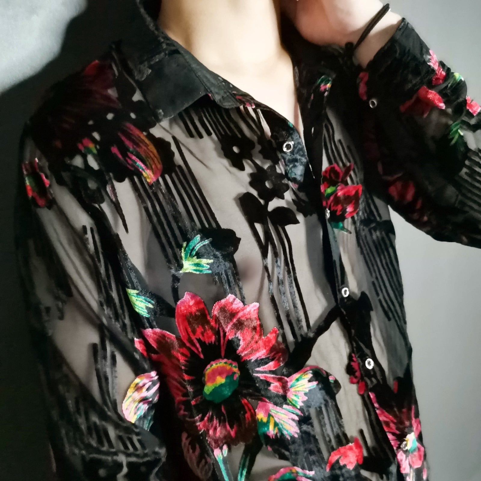 Black Silk Flower Long Sleeve Transparent Shirt