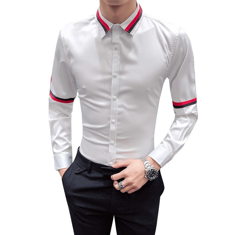 Solid Black or White with Ribbon Stripes Detail Men Shirts