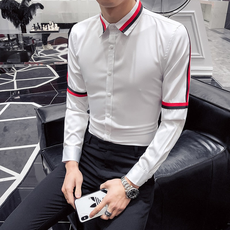 Solid Black or White with Ribbon Stripes Detail Men Shirts