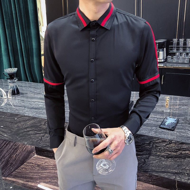 Solid Black or White with Ribbon Stripes Detail Men Shirts