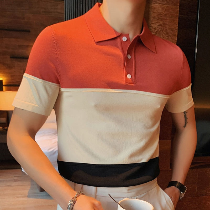 Tri-color Block Pattern Polo Shirt