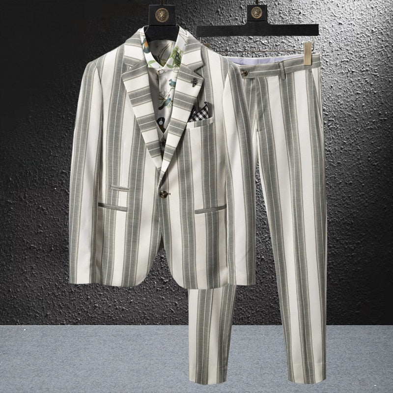 White Grey Vertical Stripes Decorated Suit Set