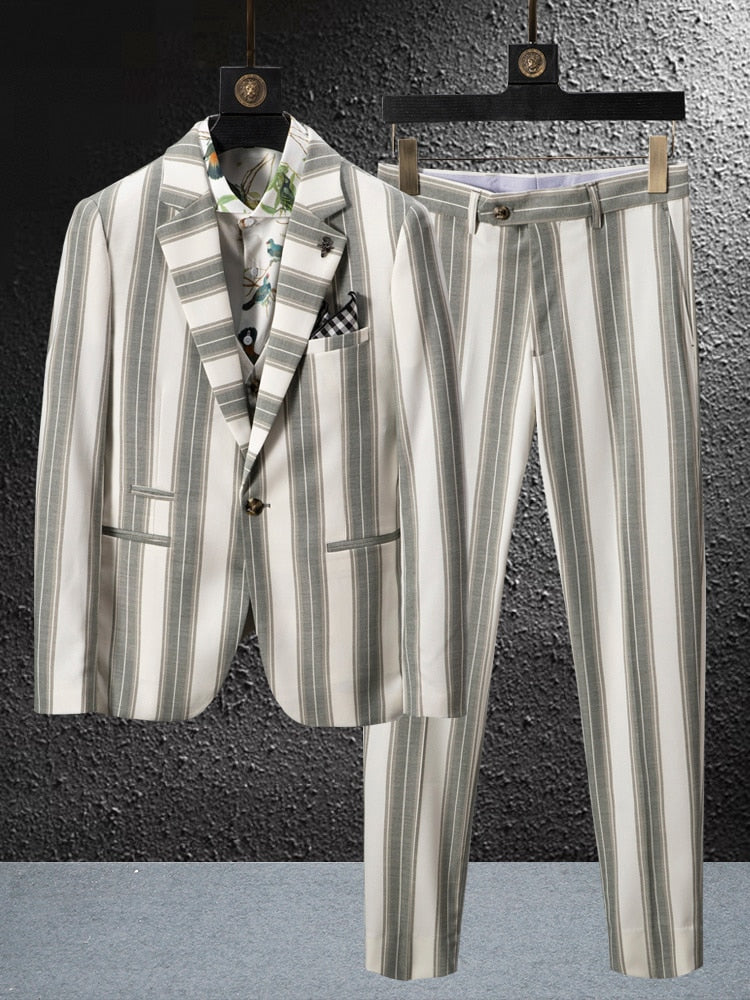 White Grey Vertical Stripes Decorated Suit Set