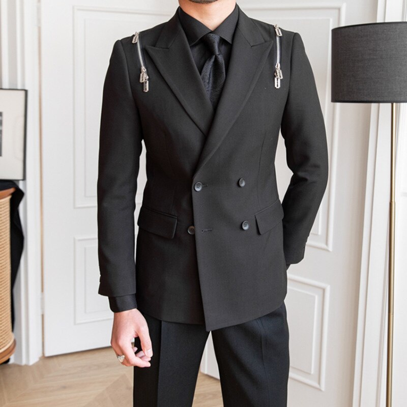 Black Zipper Design Double Breasted Suit