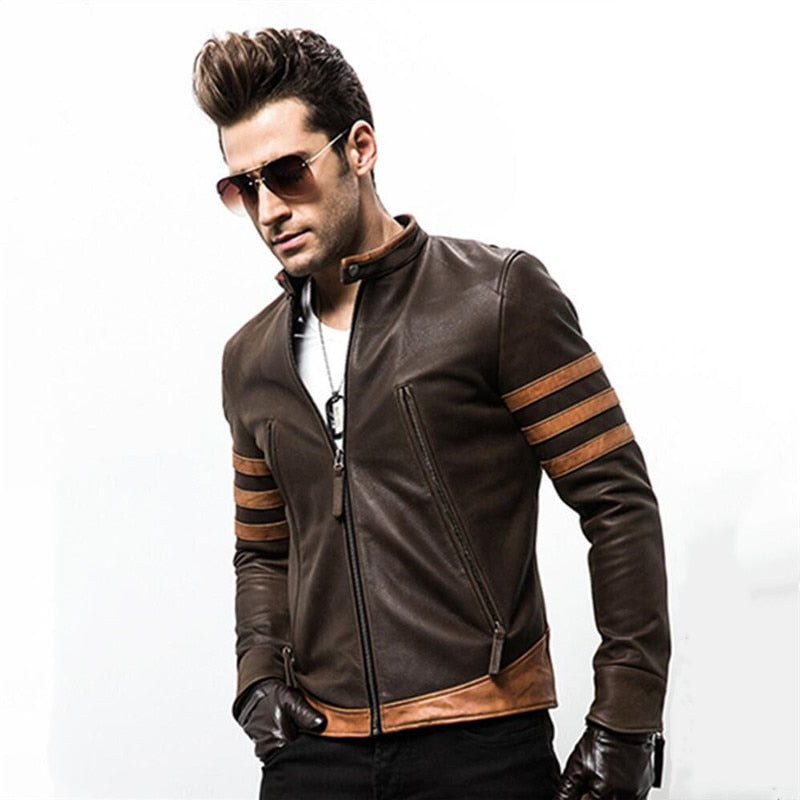 Brown with Zipper Wolverine Casual Style Men PU Leather Jacket