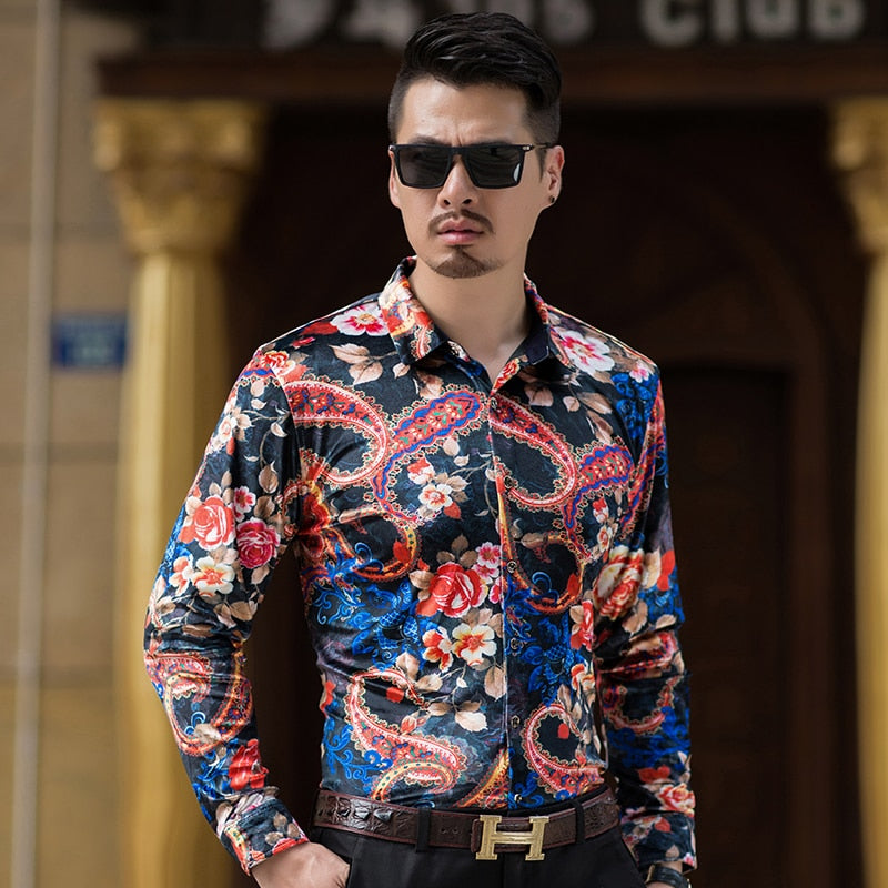 Velvet Floral Paisley Combination Men Long Sleeves Shirt