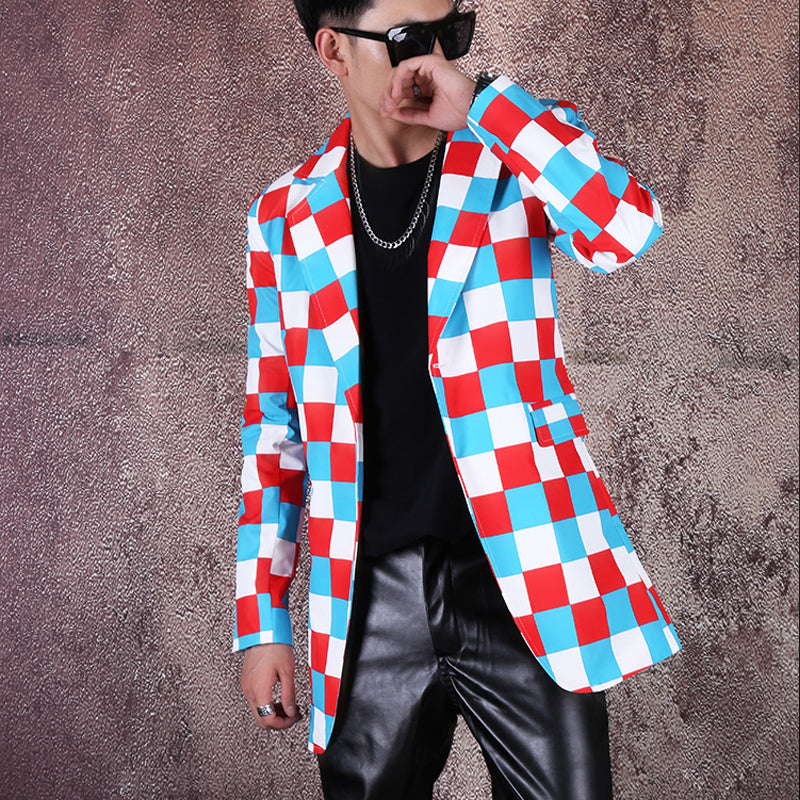 Color Checkered Hip Hop Mid Long Style Men Blazer