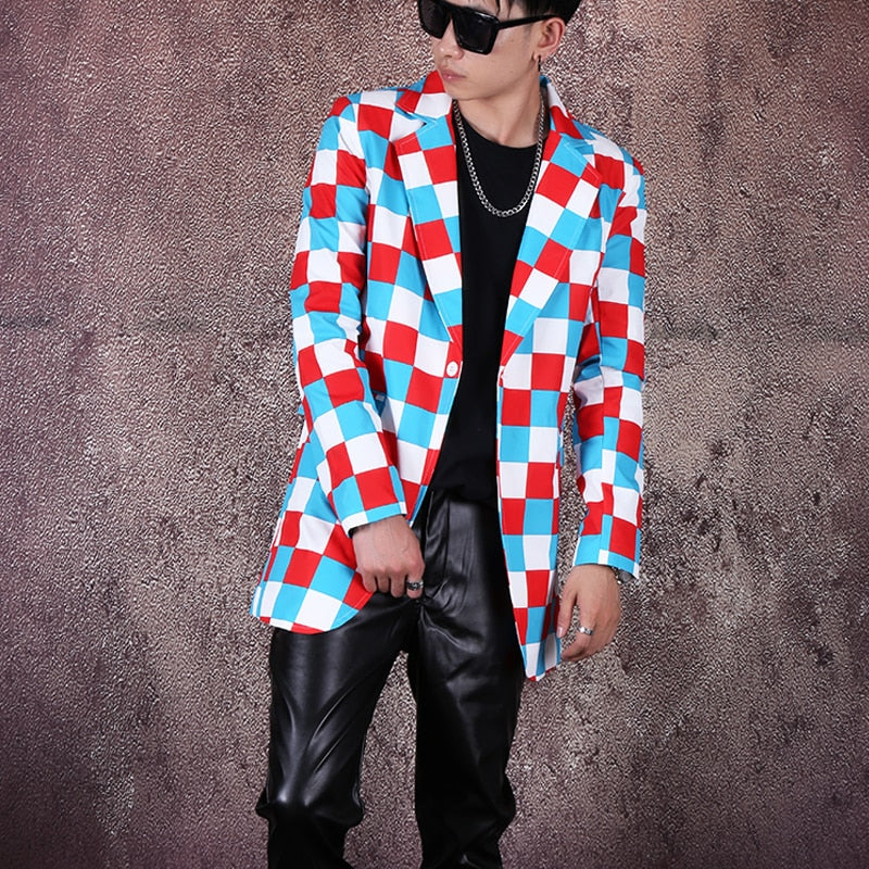 Color Checkered Hip Hop Mid Long Style Men Blazer