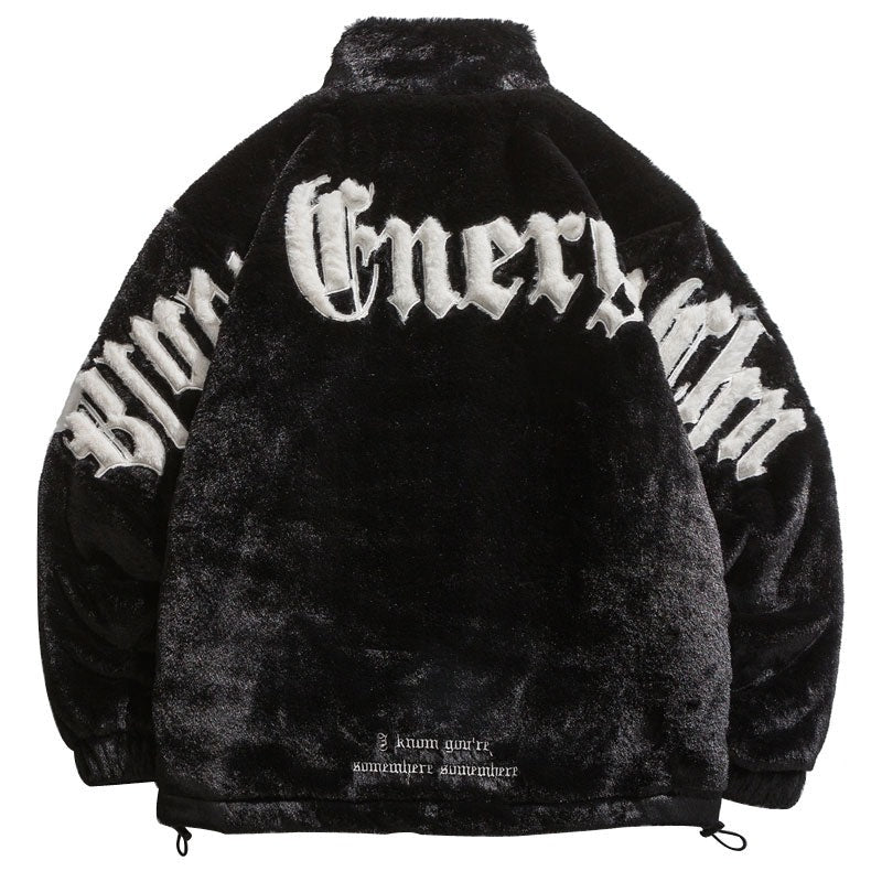 Streetwear Black Fur Embroidery Jacket