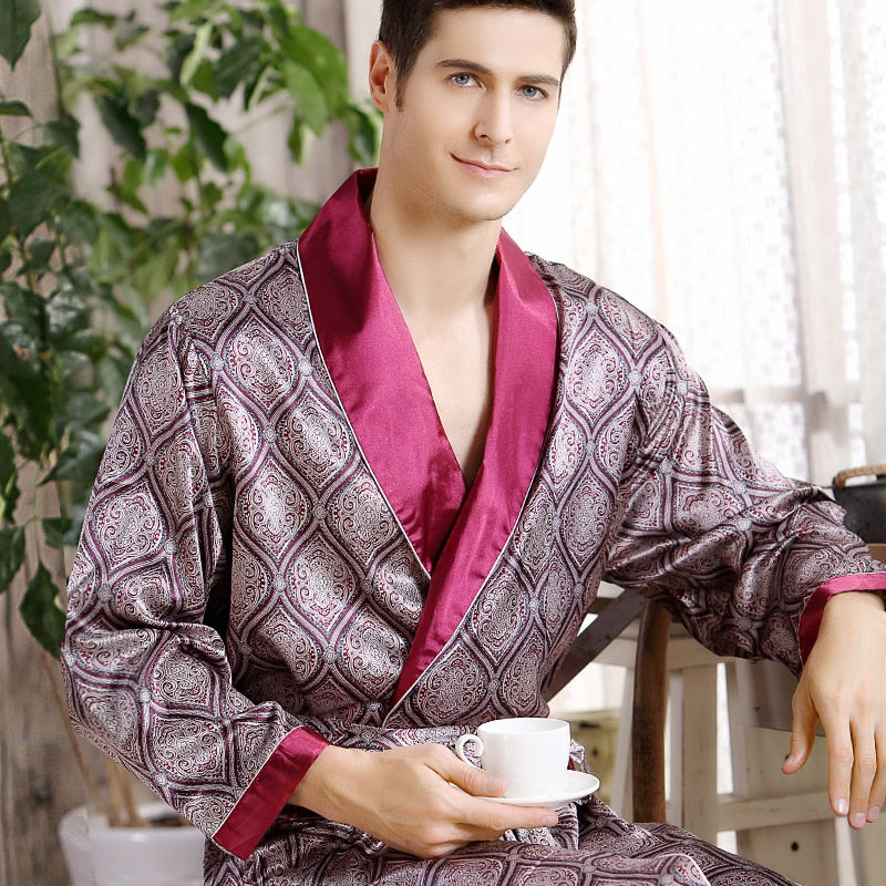 Mix Print Bathrobe Kimono Style Men Pajama