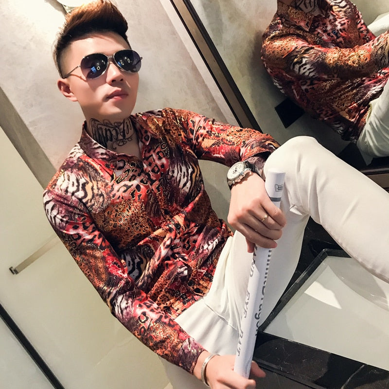 Casual Summer Thin Long Sleeve Leopard Print Men Shirt