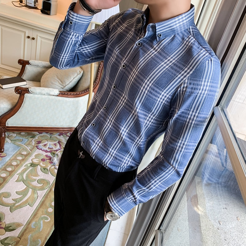 Blue Gray Plaid Business Slim Fit Casual Men Long Sleeves Shirt