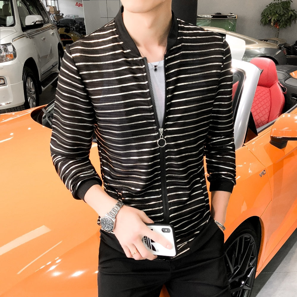 Elegant Black with Horizontal Striped Summer Outer Style Men Jacket