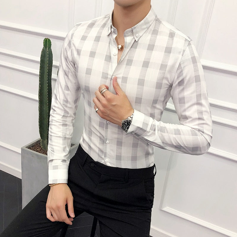 Simple Lattice Print Business Formal Style Men Long Sleeve Shirts