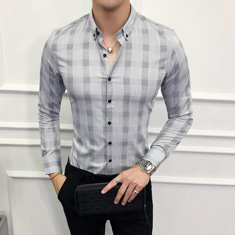 Simple Lattice Print Business Formal Style Men Long Sleeve Shirts