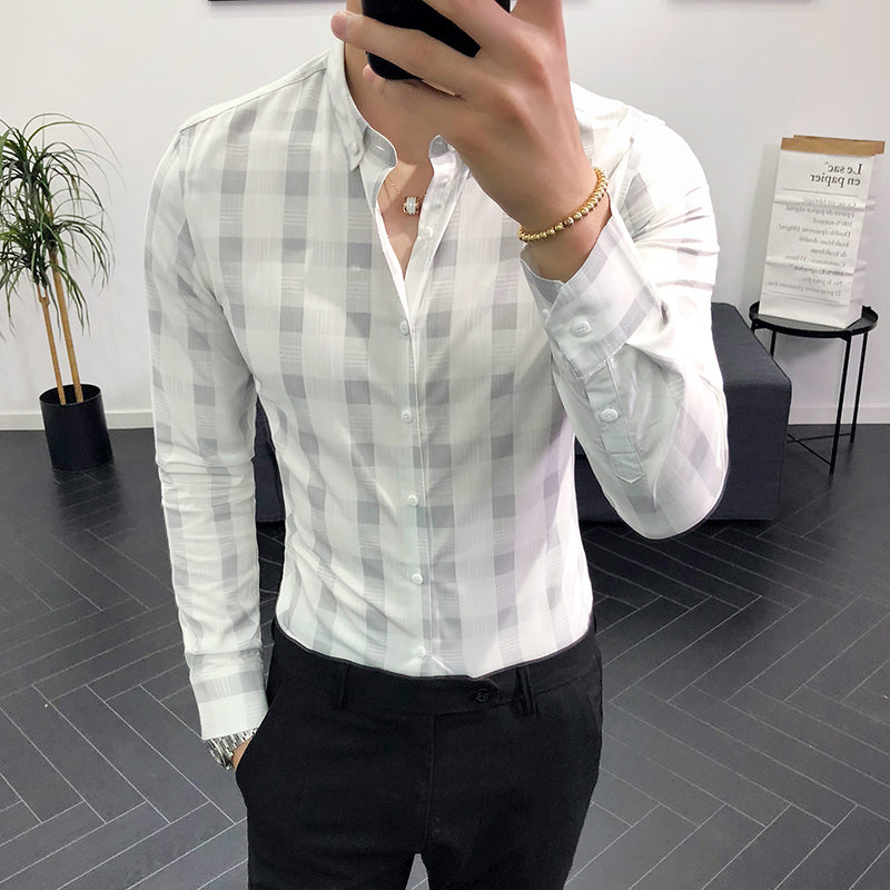 Simple Lattice Print Business Formal Style Men Long Sleeve Shirts