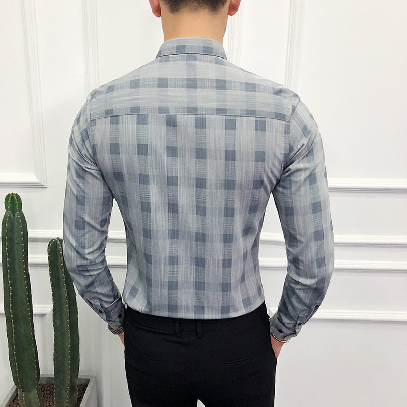 Simple Lattice Print Business Formal Style Men Long Sleeve Shirts