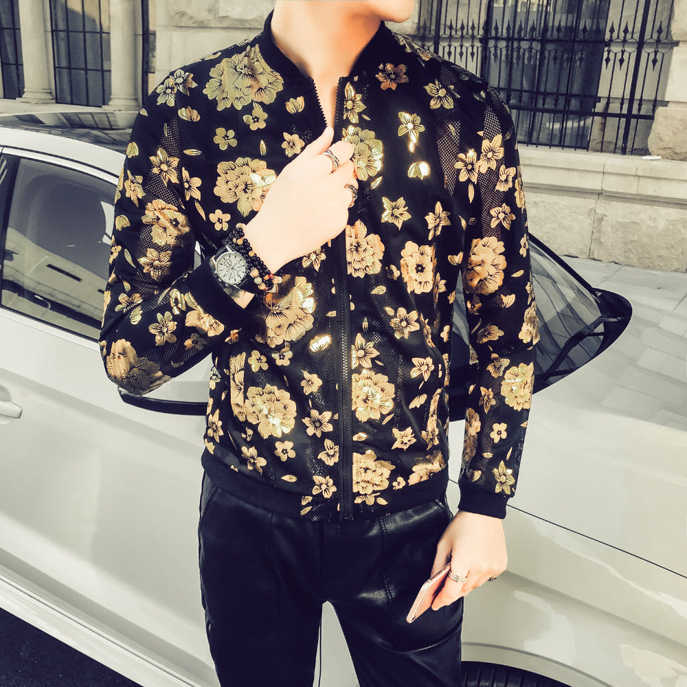 Floral Print Semi Transparent Men Thin Slim Fit Bomber Jacket - FanFreakz