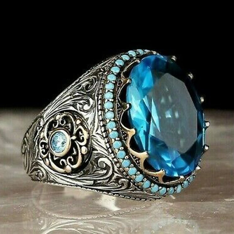 Floral Ethnic Pattern Blue Stone Ring