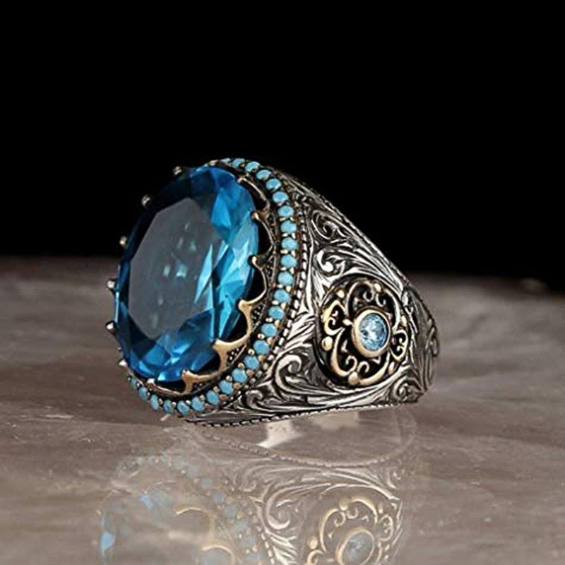 Floral Ethnic Pattern Blue Stone Ring