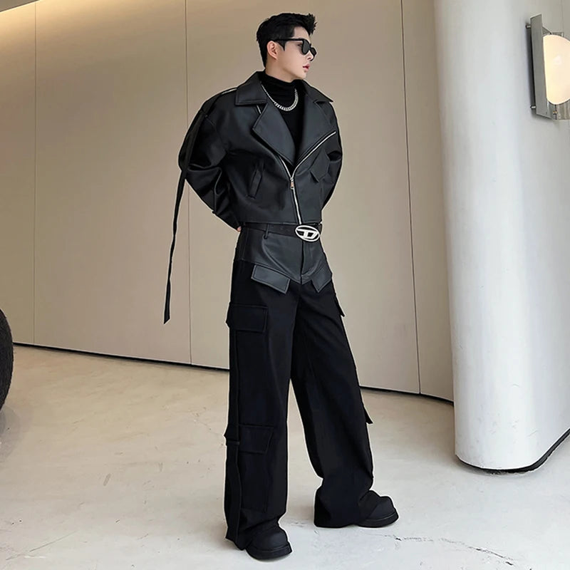 Leather Spliced Black Pants Set