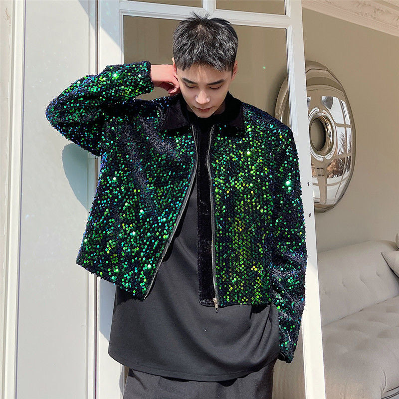 Green Sequined Black Lining Men Jacket