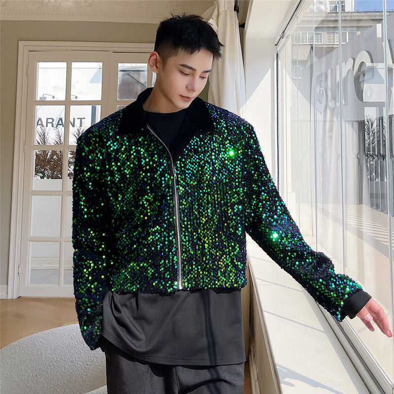 Green Sequined Black Lining Men Jacket