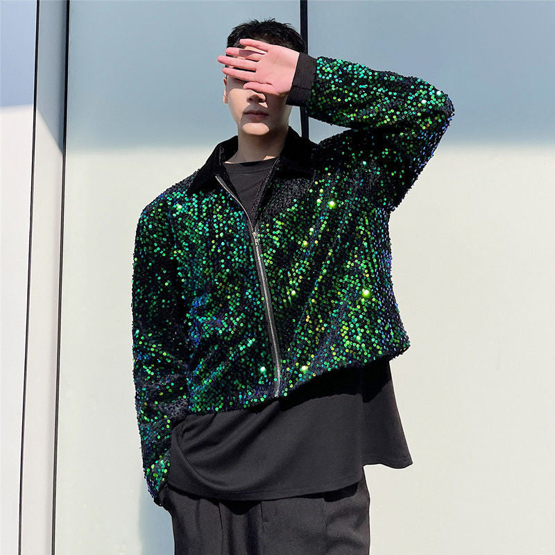 Green Sequined Black Lining Men Jacket