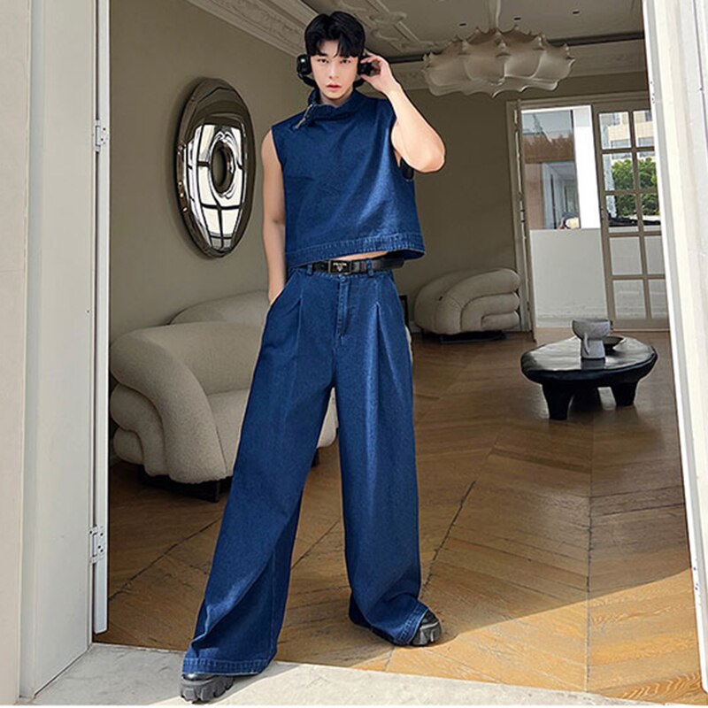 Solid Blue Denim Pants Set