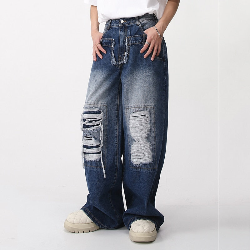 Wide Leg Patch Hole Jeans