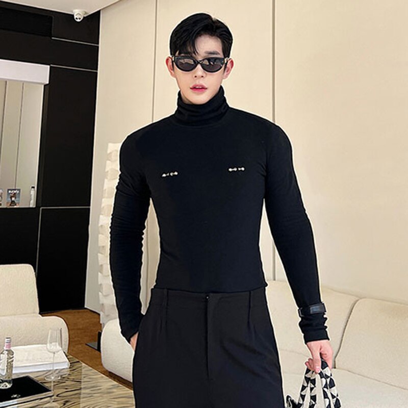 Detachable Breastpin Decoration Turtleneck T-Shirt