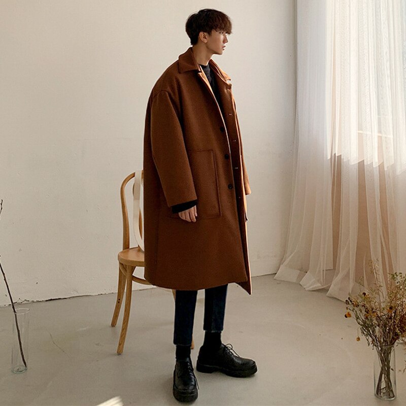 Solid Big Pocket Loose Woolen Coat