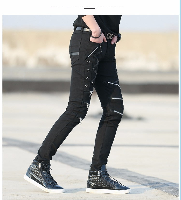 Slim Fit Zipper Decorated Black Leather Pants