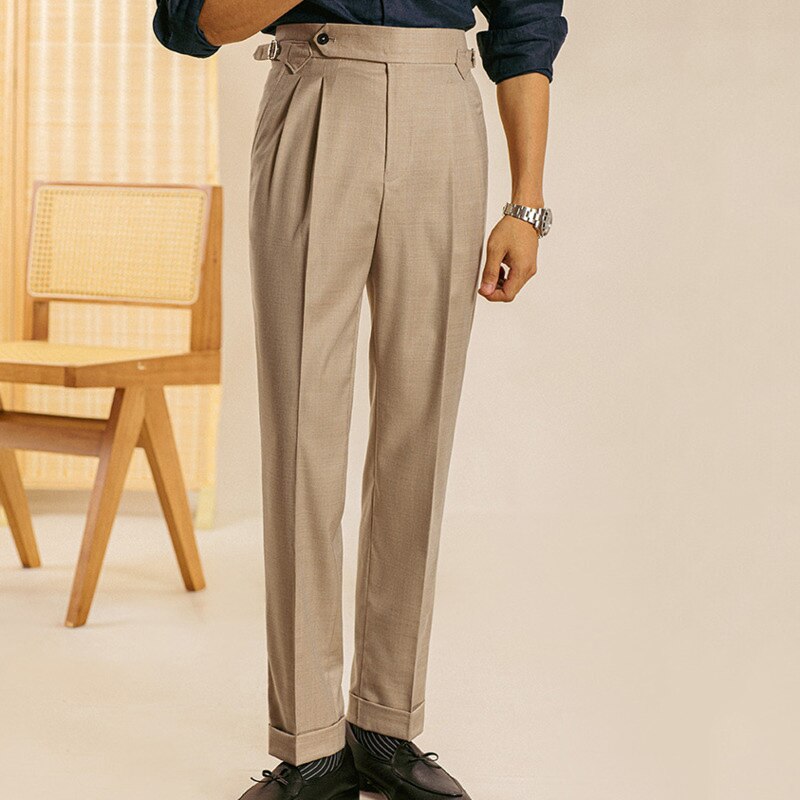 Khaki Color High Waist Polyester Trousers