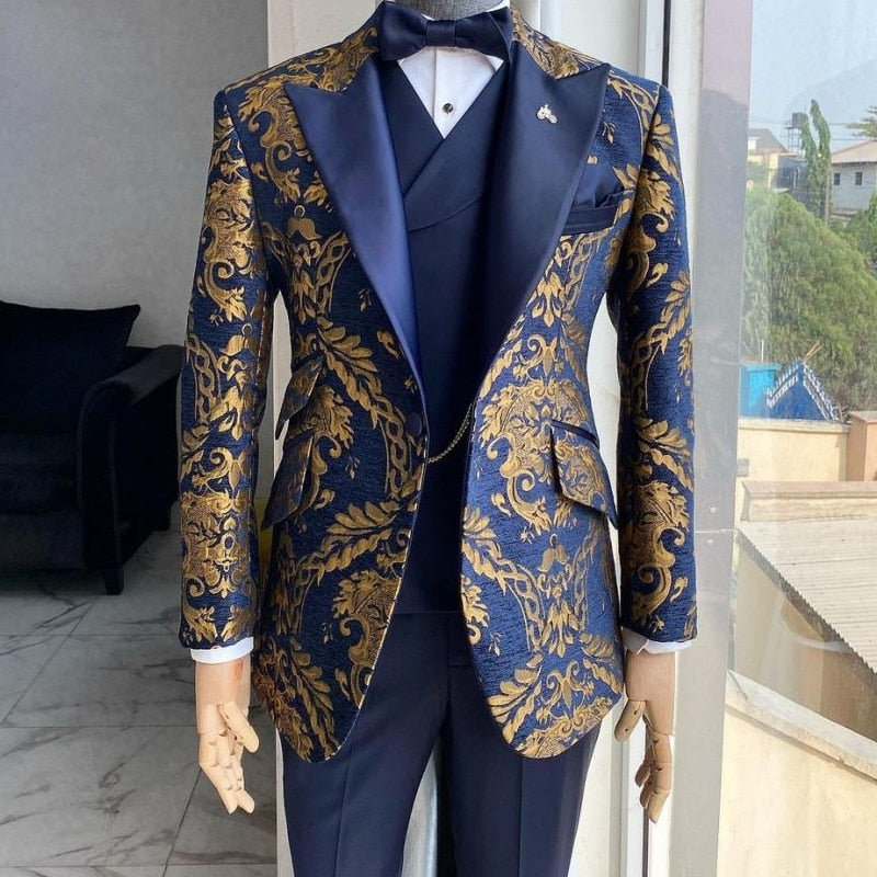 Floral Gold Navy Blue 3-Piece Suits