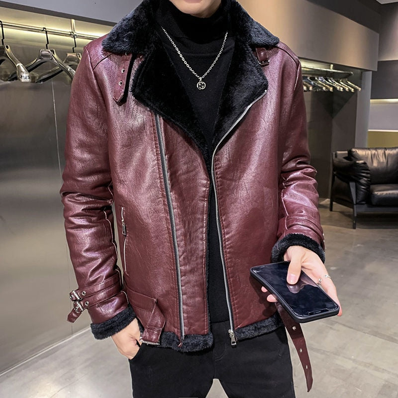 Classic Wine Color Faux Leather Jacket