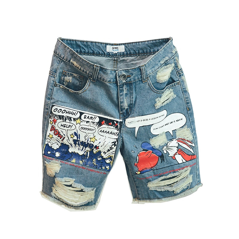 Ulzzang Points Pattern Knee Length Denim Men Shorts