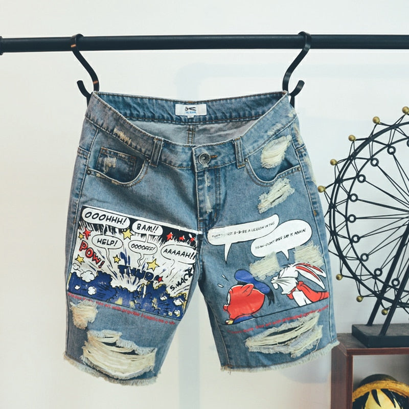 Ulzzang Points Pattern Knee Length Denim Men Shorts