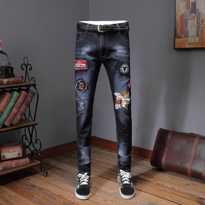 Designer Jeans Men's Patches Ripped Skinny Denim