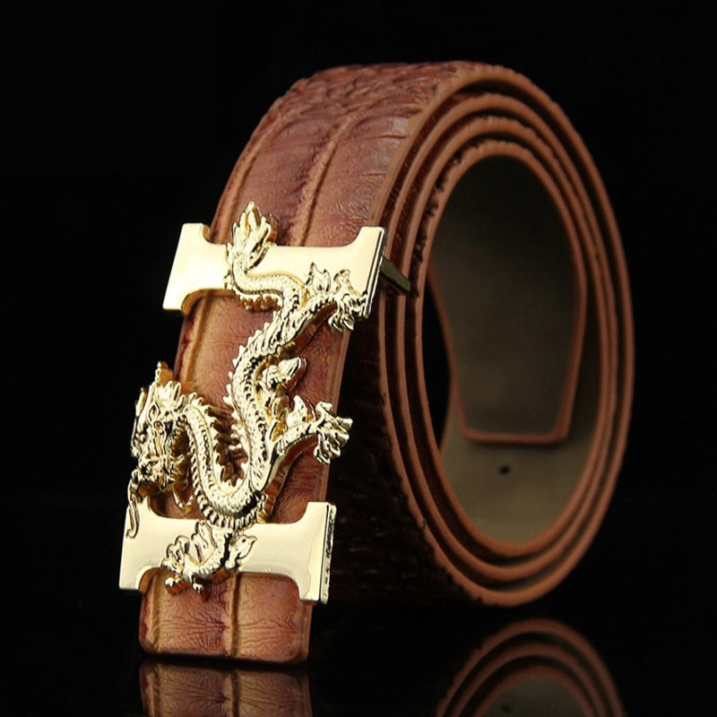 Gold Chinese Dragon Metal Buckle Men PU Leather Belt