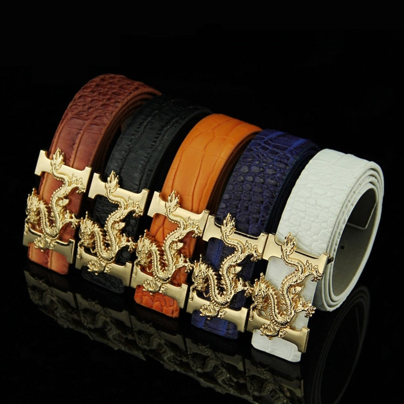 Gold Chinese Dragon Metal Buckle Men PU Leather Belt