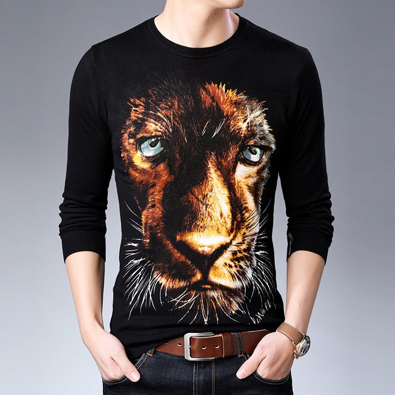 Big Tiger Head Print Pullover O Neck Casual Men Sweater