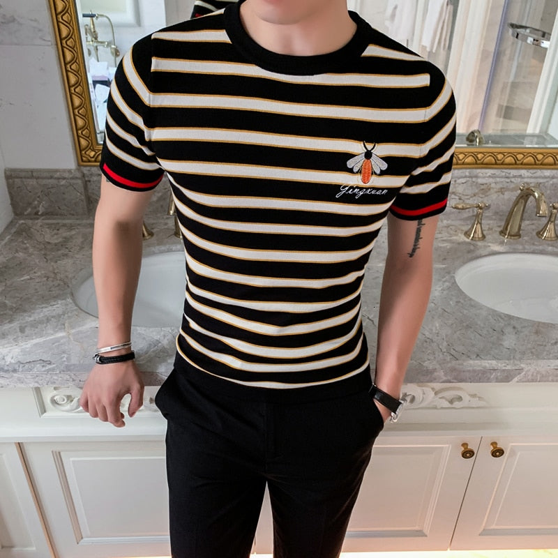 Stripe Small Bee Summer Slim Fit Style Men T-Shirt